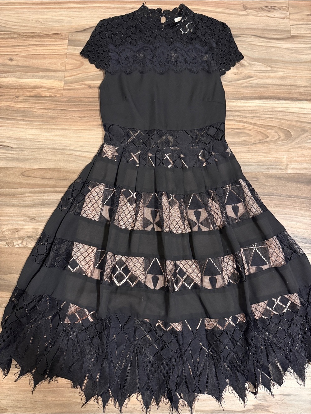 Foxiedox Bravo Zulu Lace Fit & Flare Black Sheer Insert Cocktail Dress Size XS